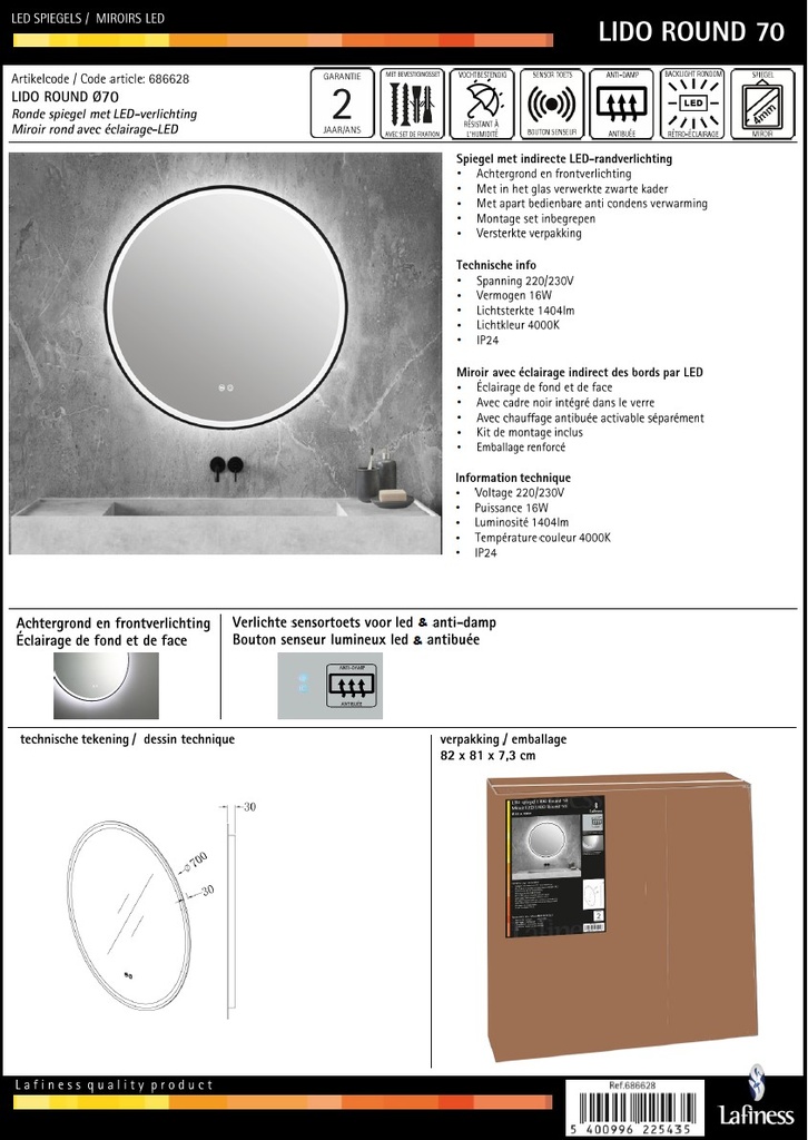 Lafiness Lido LED spiegel m/zwarte rand rond 70cm