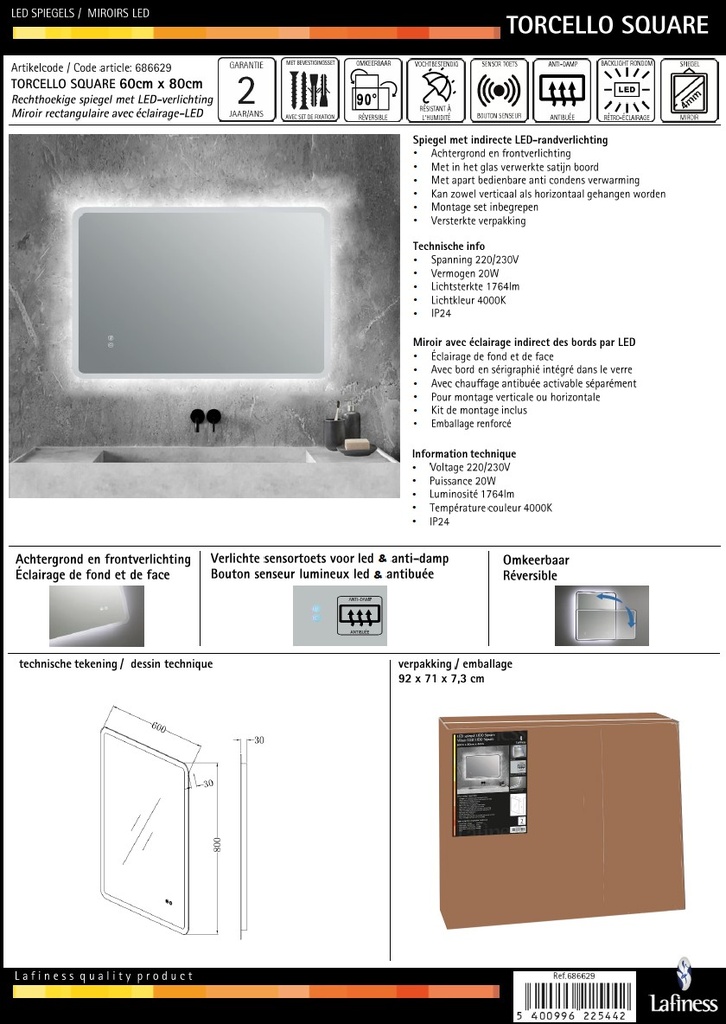Lafiness Torcello LED spiegel square 60x80cm