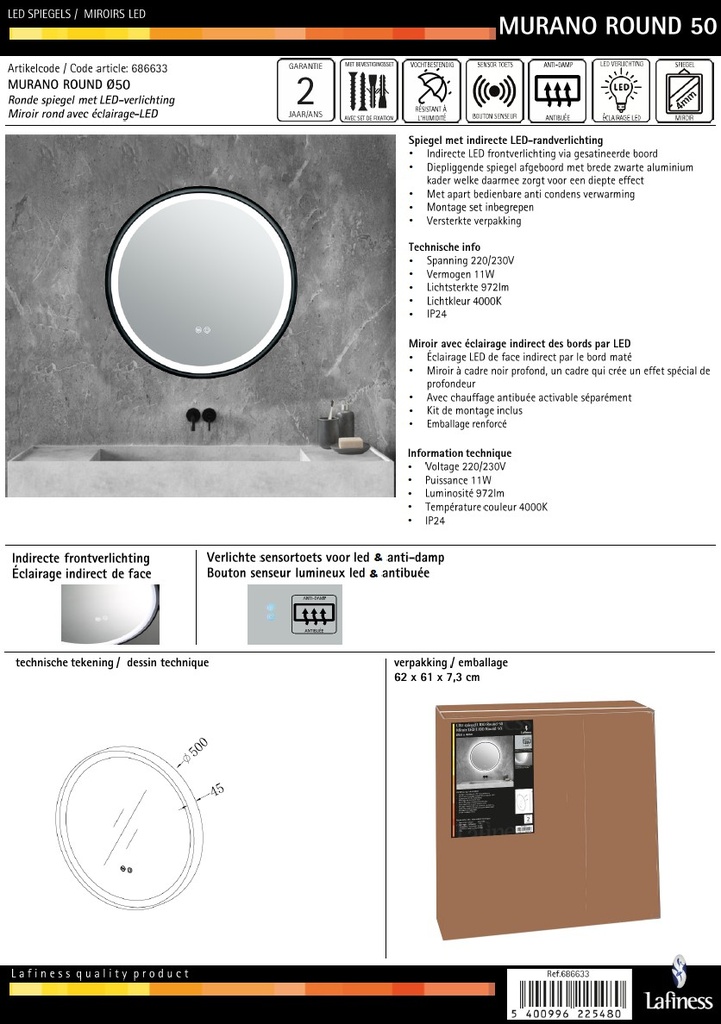 Lafiness Murano LED spiegel rond m/zwarte rand 50cm
